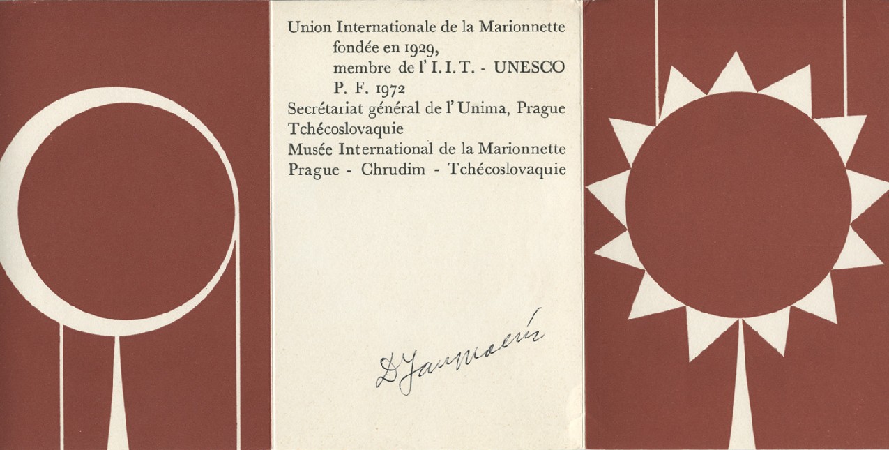 Cartolina dell'UNIMA, Union Internationale de la Marionnette con sede a Praga, e del museo della marionetta di Chrudim.